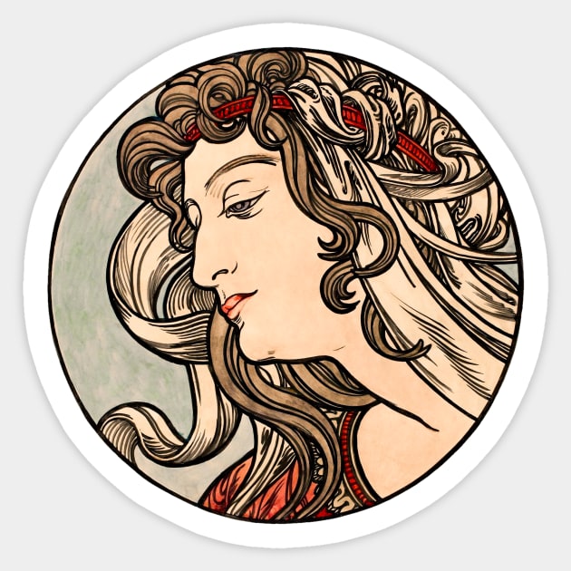 Alphonse Mucha - Stained Glass Sticker by kaliyuga